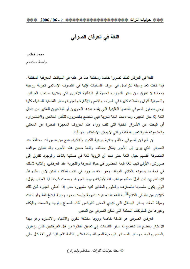 تحميل كتاب اللغة في العرفان الصوفي مقالة في مجلة حوليات التراث لمحمد خطاب PDF