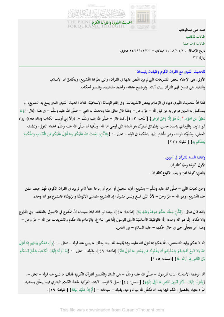 تحميل كتاب الحديث النبوي والقرآن الكريم مقالة ل محمد علي عبد الوهاب PDF محمد علي عبد الوهاب