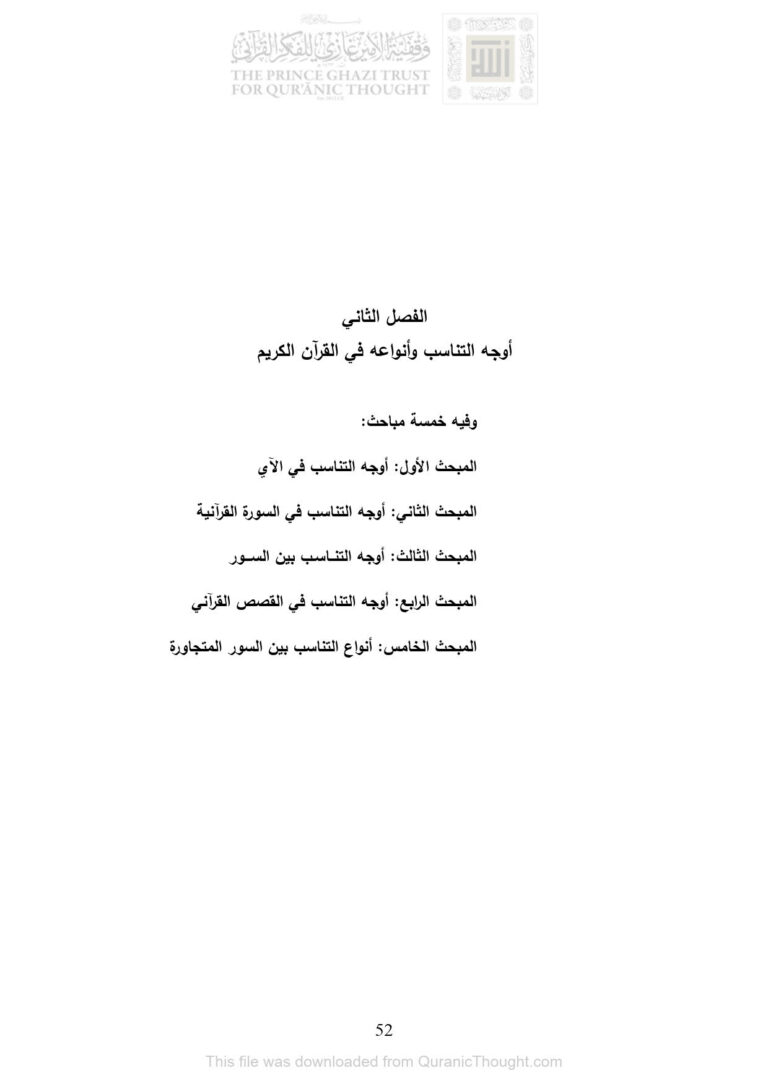 تحميل كتاب التناسب في سورة البقرة رسالة ماجستير (الفصل الثاني : أوجه التناسب وأنواعه في القرآن الكريم) طارق مصطفى محمد حميدة PDF