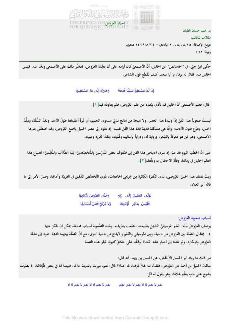 تحميل كتاب إحياء العروض مقالة ل محمد حسان الطيان PDF محمد حسان الطيان